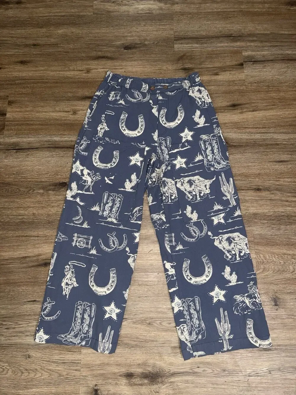 Free People Seaside Pull On Pants Western Print Indigo Combo Rodeo Time MEDIUM